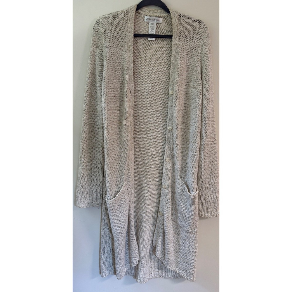 Metallic Gold Beige Longline Cardigan Duster Sweater Sz.M Coastal Grandmother